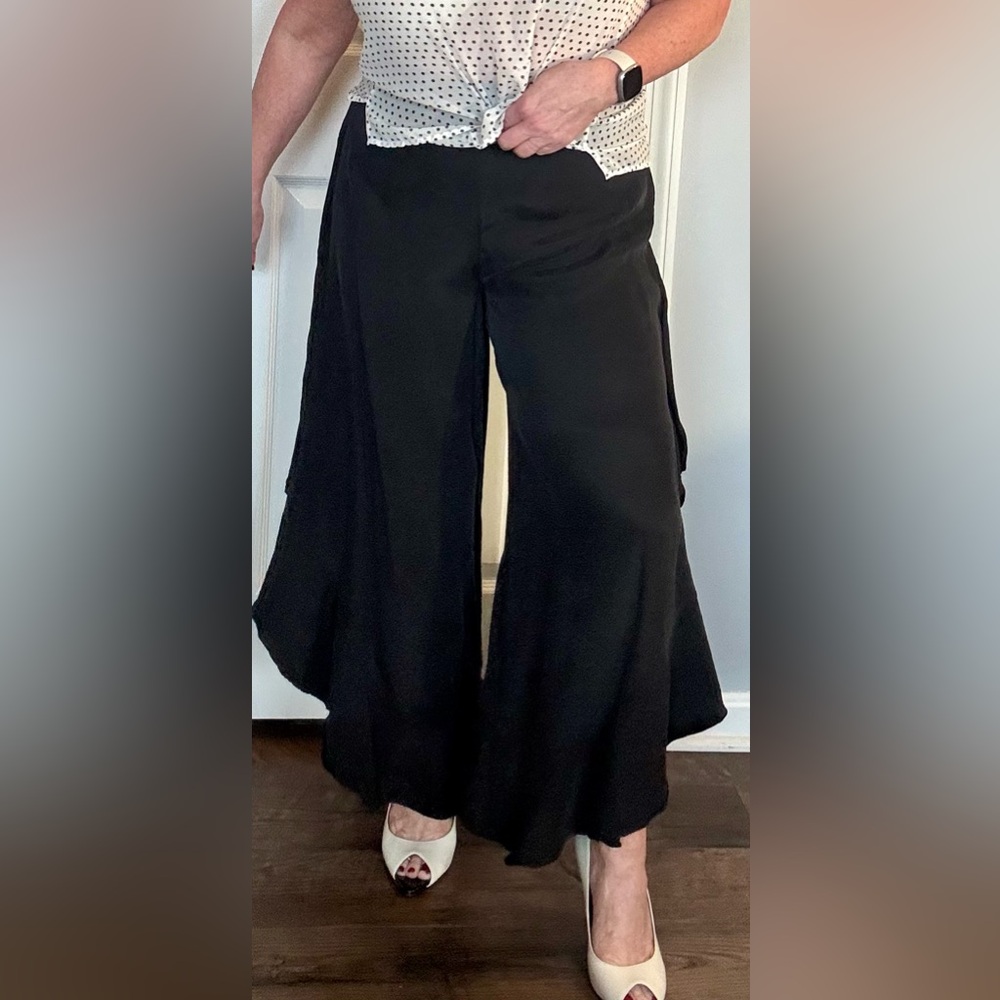 Elevenses by Anthropologie Black Waterfall Ruffle Pants with Side Slits Size 12 - Picture 14 of 16